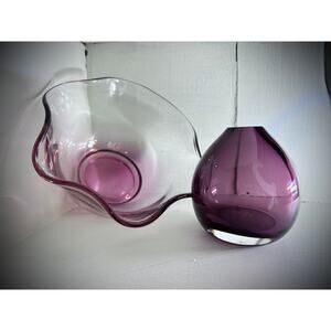 Amethyst Purple Glass Set - Ombre Bowl & Hand Blown Teardrop Mini Vase, MCM